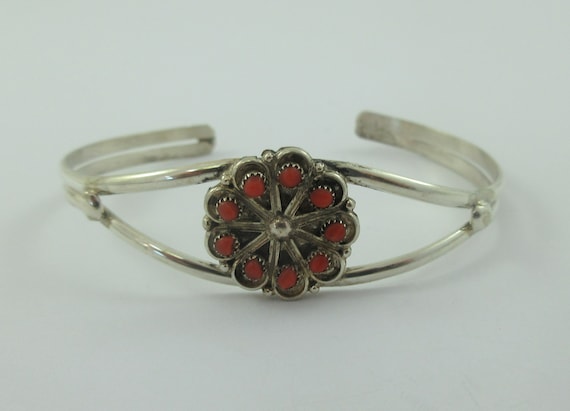Mexico Sterling Silver Red Glass Floral Cuff Brac… - image 3