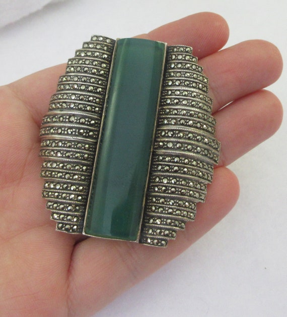 Large Art Deco Sterling Silver Chrysoprase Marcas… - image 6