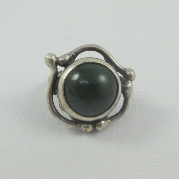ORNO Poland Mid Century Sterling Silver Dark Green Stone Ring - Size 5- As it is