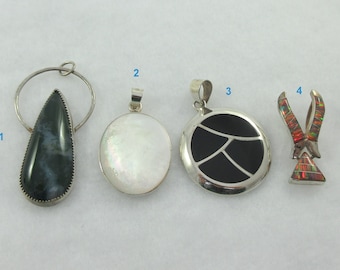 Pick your favorite ! Sterling Silver Mother of Pearl Moss Green Agate Multicolor Opal Black Enamel Pendants
