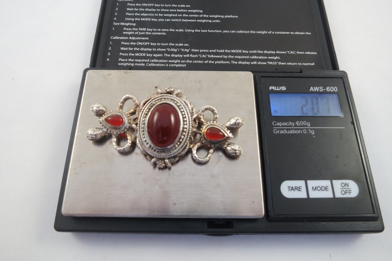 CHRISTMAS SALE Large Sterling Silver Snake Carnelian Brooch