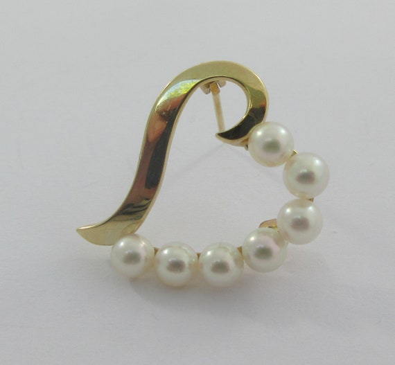14k Yellow Gold Open Heart Pearls Brooch - image 1