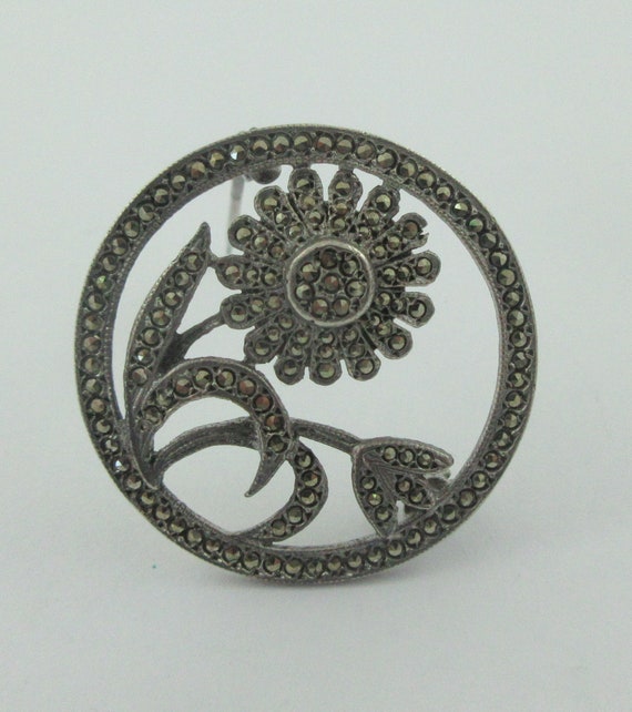 Sterling Silver Marcasite Flower Round Brooch