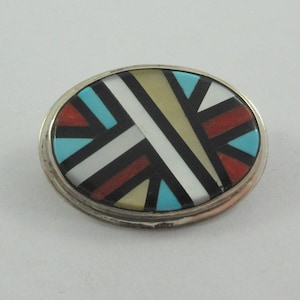 Zuni Signed YK Natachu Sterling Silver Geometric Inlay Brooch or Pendant