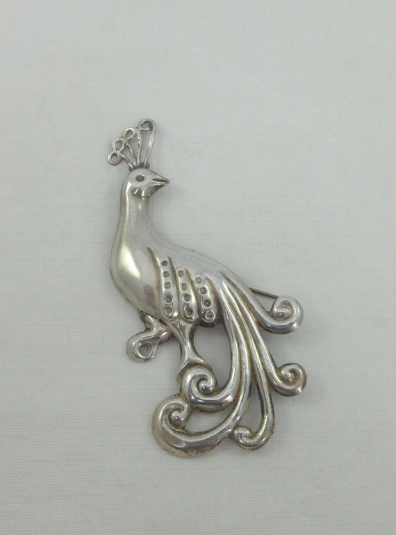 Large Sterling Silver Repousse Peacock Brooch - image 1