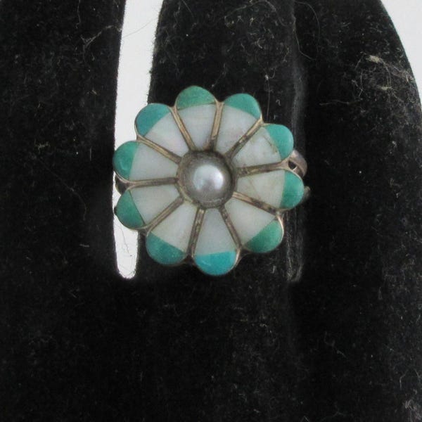 Zuni Sterling Silver Mother of Pearl Turquoise Inlay Floral Ring- Size 6.5