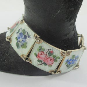 Signed Nils Elvik Norway Gold over Sterling Silver Enamel Guilloche Floral Flower Bracelet