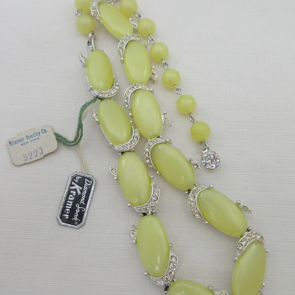 Vintage New w. Tag Kramer "Diamond Look" Silver Tone Yellow Lucite Rhinestone Necklace