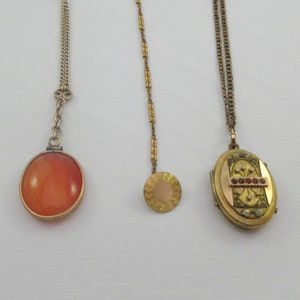 Pick your favorite ! Antique Gold Filled Pocket Watch Chain With Button Fob / Garnet Double Locket/ Orange Agate Stone