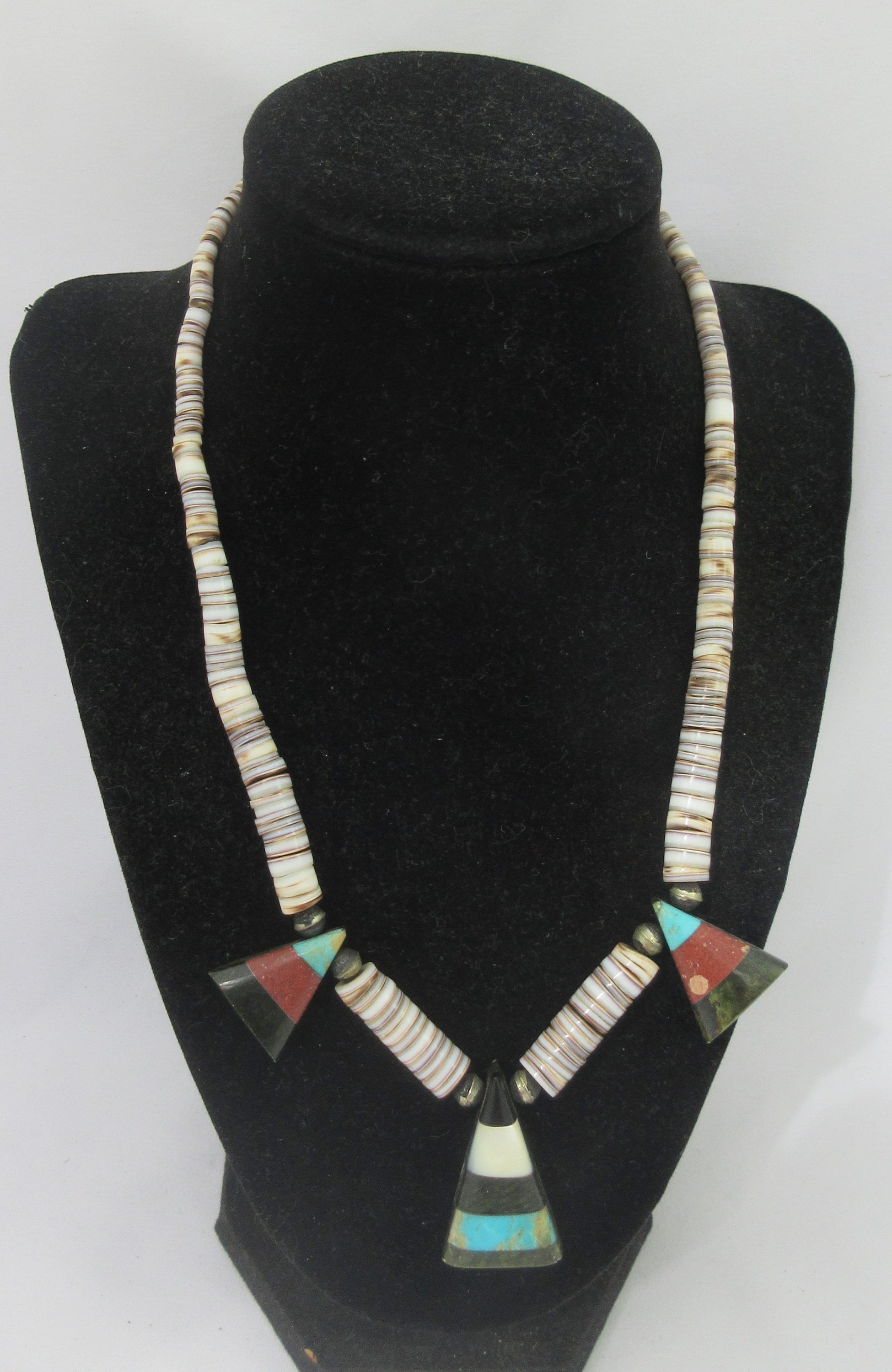 Santo Domingo Pueblo Heishi Shell Beads Mosaic Pendant Necklace W