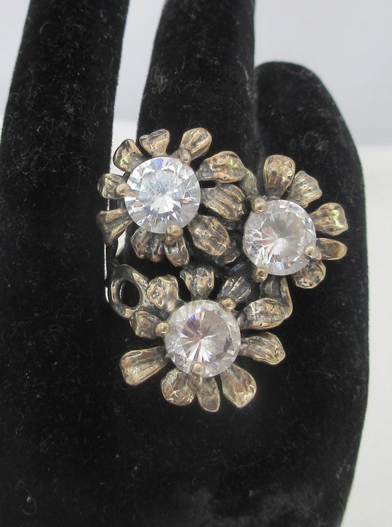 Statement Sterling Silver Three Flower White Rhin… - image 3