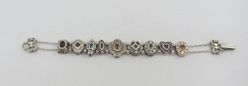 Summer SALE Sterling Silver Multi Gem 9 Charms Slide Victorian Revival Style Bracelet