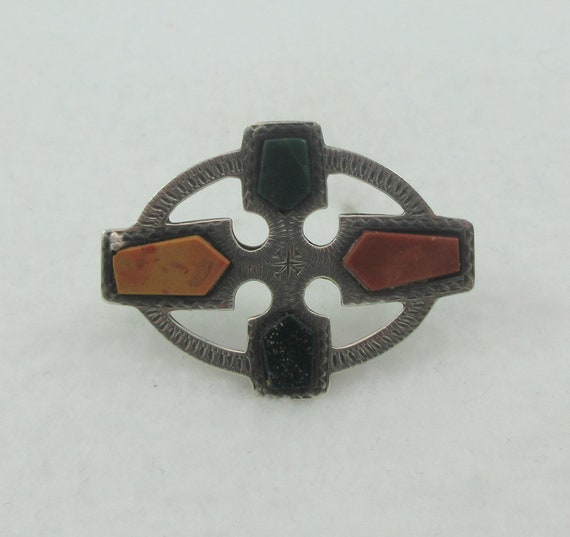 Victorian Sterling Silver Jasper Cross Oval Brooch - image 4