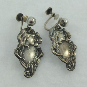 Art Nouveau Style Sterling Silver Woman Flowing Hair Screw Back Dangle Earrings