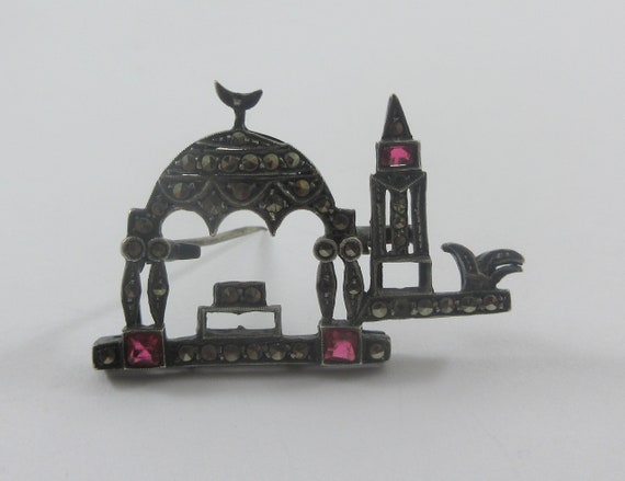 Sterling Silver Marcasite Red Glass Mosque Brooch - image 1