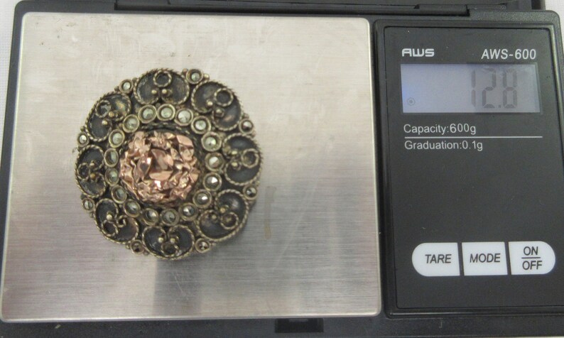 Sale Edwardian 800 Silver and 9K Gold Marcasite Floral Round Brooch
