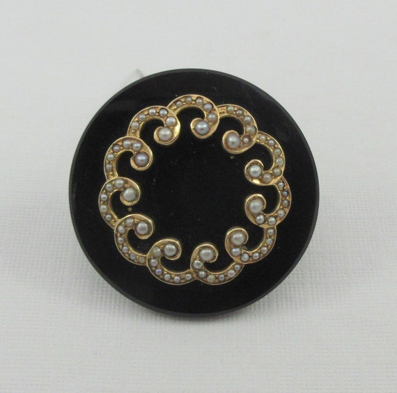 Antique Victorian Onyx Seed Pearls Mourning Round… - image 4