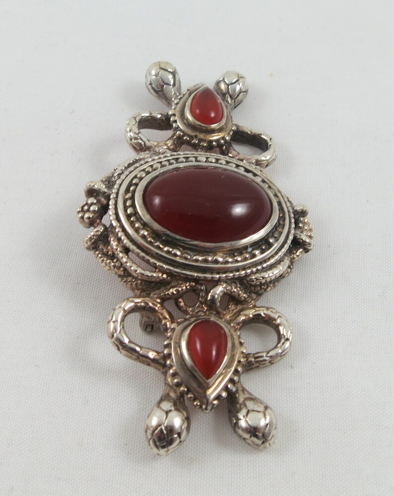 CHRISTMAS SALE Large Sterling Silver Snake Carnelian Brooch