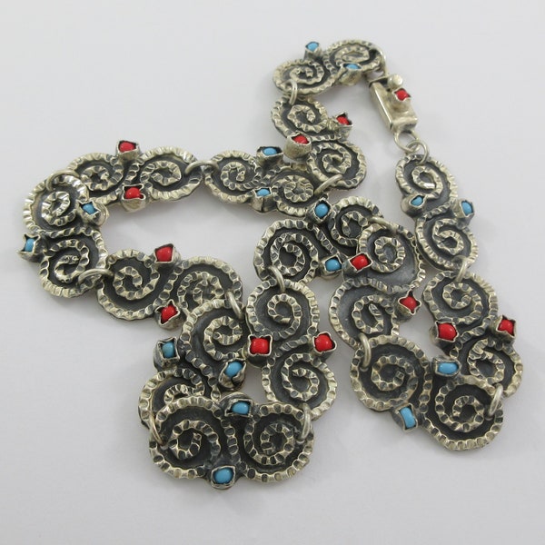 Mexico Matilde Poulat Style Sterling Silver Glass Turquoise Coral Swirls Necklace