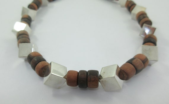 Modernist Wood Beads Sterling Silver Cubes Choker… - image 5