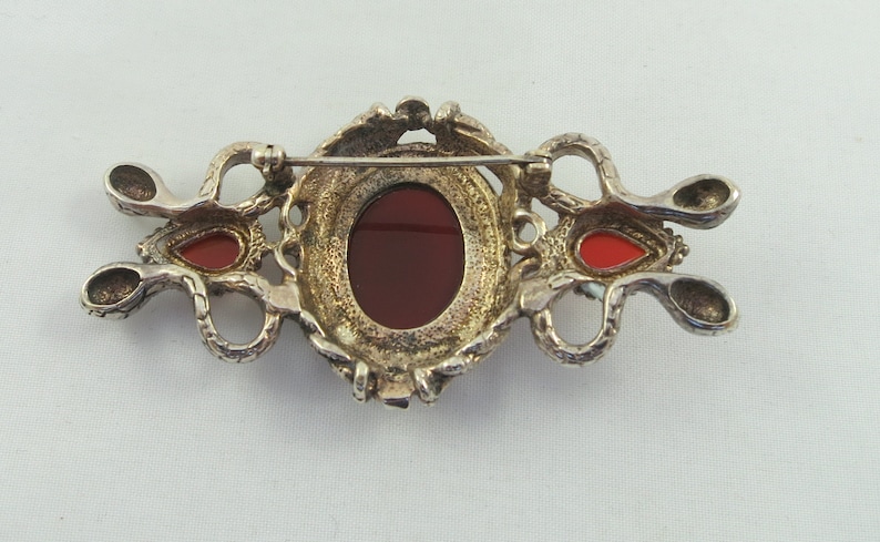 CHRISTMAS SALE Large Sterling Silver Snake Carnelian Brooch