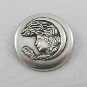 Art Nouveau Sterling Silver Woman Profile Flowing Hair Crescent Moon Brooch