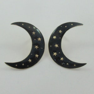 Laurel Burch Gold Over Sterling Silver Black Enameled Moon Stars Stud Earrings