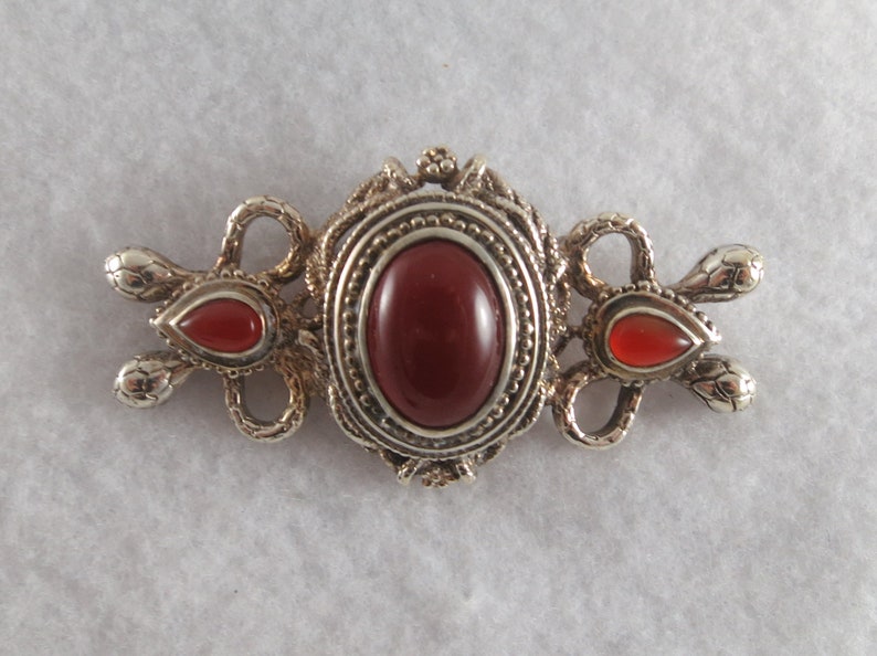 CHRISTMAS SALE Large Sterling Silver Snake Carnelian Brooch