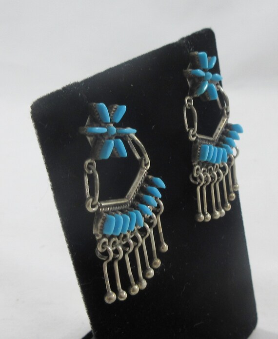 Zuni Sterling Silver Floral Turquoise Stud Dangle Earrings View 4