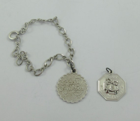 Signed La Mode Sterling Silver "Happy Anniversary" Round Charm Bracelet + Matching "Happy Anniversary" Pendant