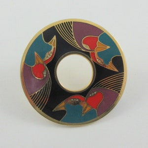 Large Signed Laurel Burch &quot;Birds of Santorini&quot; Gold Tone Open Round Brooch Pin