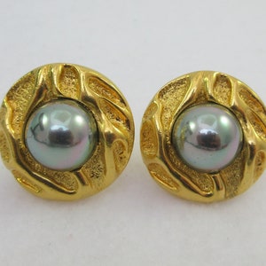 Large Carolina Herrera Gold Tone Faux Pearl Wavy Clip On Earrings- As it is