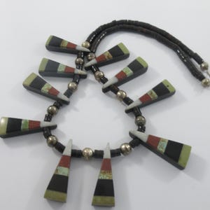 Santo Domingo Pueblo Wood Beads Multi Inlay Pendants Necklace w. Sterling Beads and Clasp