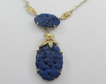 Art-Deco-Gold über Sterling Silber Filigree geschnitzte Lapis Lazuli Halskette Choker