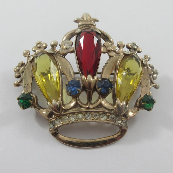 Mid Century Gold over Sterling Silver Crown Rhinestone Brooch