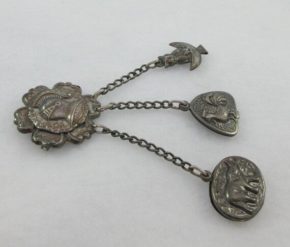 Signed JERAY Silver Tone Chatelain Style Owl Roos… - image 3