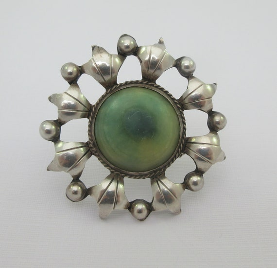Large Mid Century Mexico Sterling Silver Green Gl… - image 1