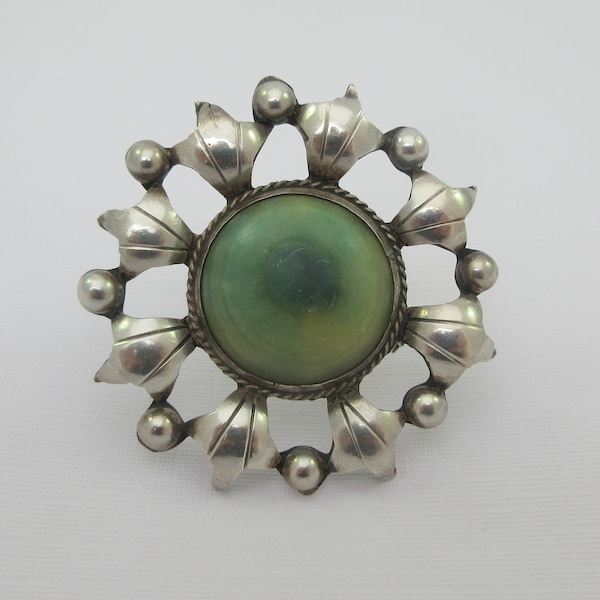 Large Mid Century Mexico Sterling Silver Green Glass Floral Brooch