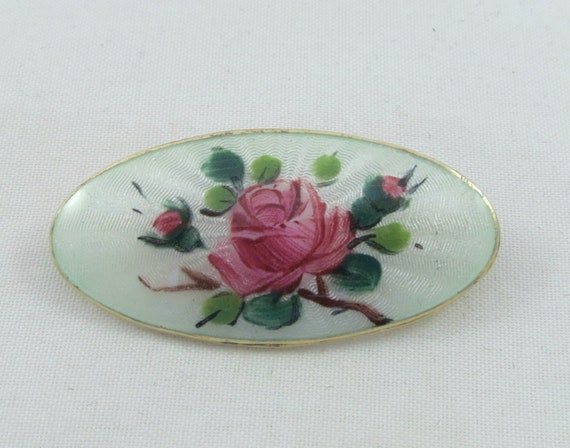 Signed OPRO Norway Hand Painted Oval Floral  Guilloche Enamel Gilt Sterling Silver Brooch Pin View 3