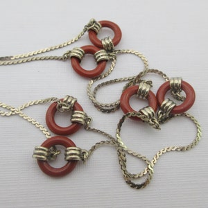 Ciani Long Art Deco Style Sterling Silver Red Glass Discs Necklace- Flapper Style