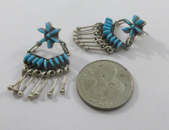 Zuni Sterling Silver Floral Turquoise Stud Dangle Earrings View 2