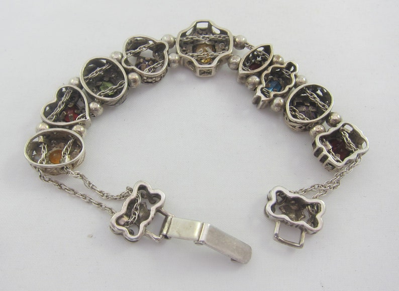 Summer SALE Sterling Silver Multi Gem 9 Charms Slide Victorian Revival Style Bracelet