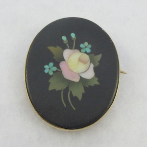 Antique Gold Tone Floral Pietra Dura Mosaic Brooch- As it is