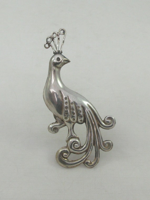 Large Sterling Silver Repousse Peacock Brooch - image 3