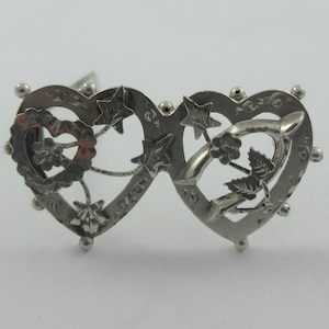 Antique Victorian Sterling Silver Double Heart Floral Brooch Pin