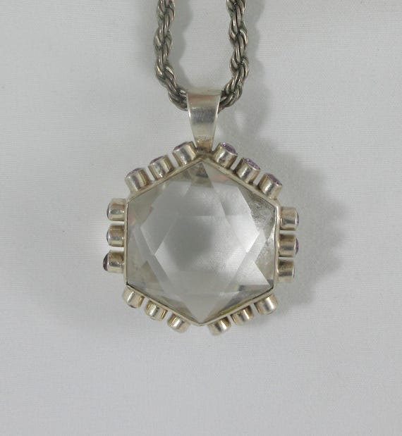 Large Sterling Silver Hexagonal White Quartz Amet… - image 4