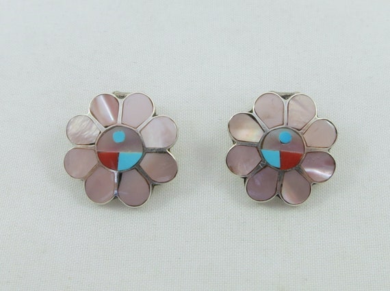 Pauline Lonjose Zuni Sterling Silver Zuni Mother of Pearl Inlay Floral Clip On Earrings