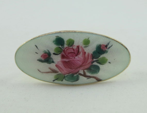 Signed OPRO Norway Hand Painted Oval Floral  Guilloche Enamel Gilt Sterling Silver Brooch Pin View 5