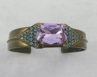 Signed Sorrelli Purple Glass Blue Rhinestone Cuff Bracelet