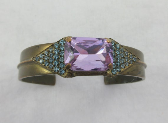 Signed Sorrelli Purple Glass Blue Rhinestone Cuff… - image 1